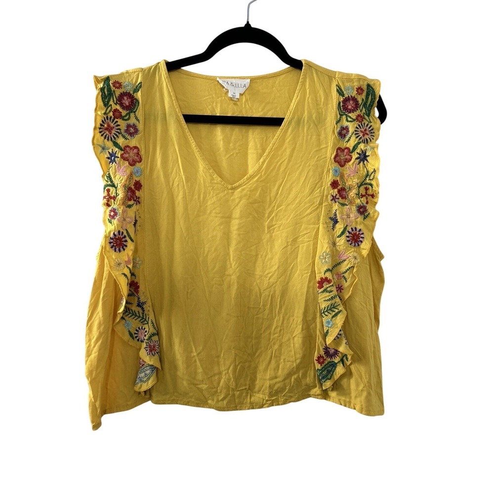 Isa & Ella Floral Embroidered Top XL Yellow Ruffle Boho Cottagecore Summer